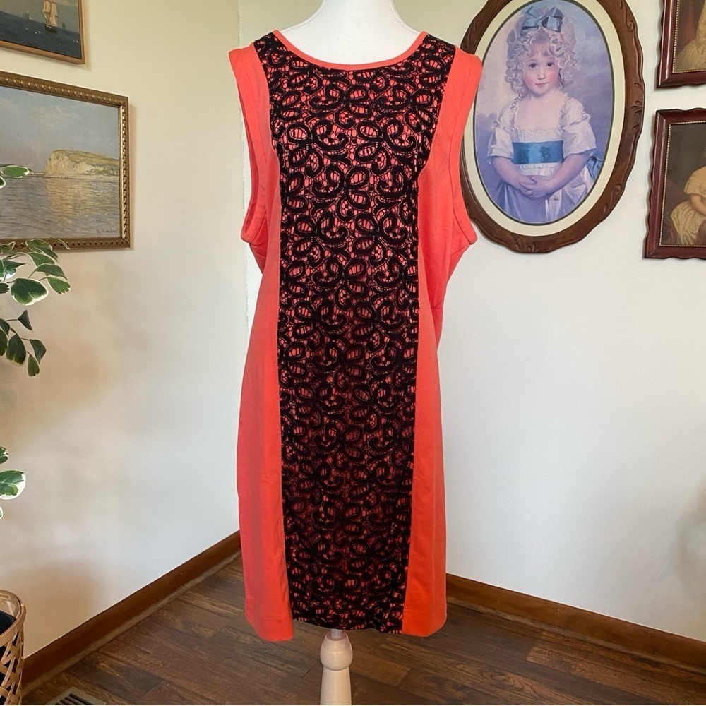 Jennifer Hudson Collection • Orange Sleeveless Sheath Dress w/ Black Lace Sz XL